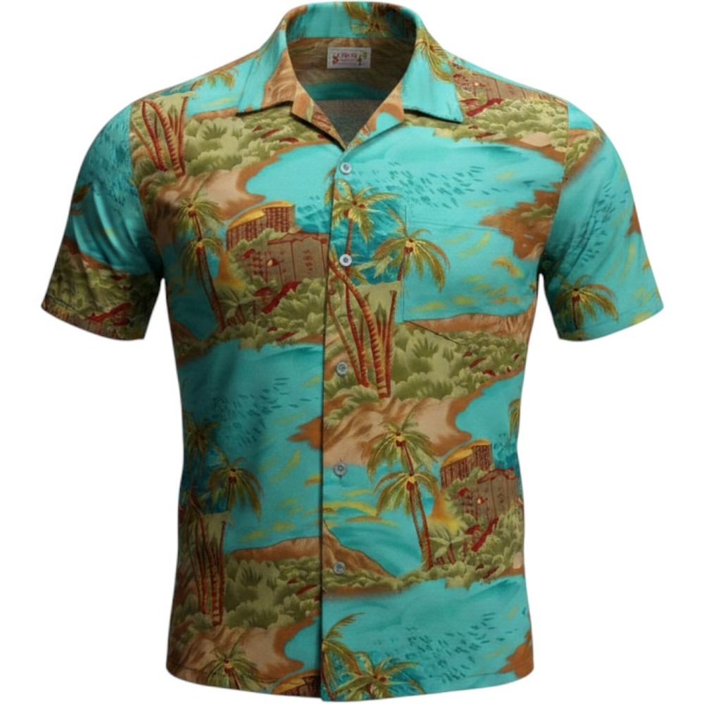 Vintage Waikiki Creations Hawaiian Shirt — Teal Scenic Resort Print, Size M